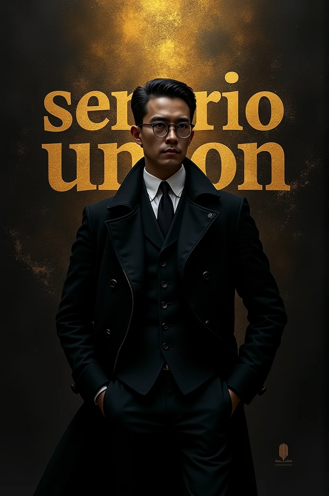 One man with spectacles wearing a black coat. Color the background with black and gold. Write on that showcase SENARIOUNION 