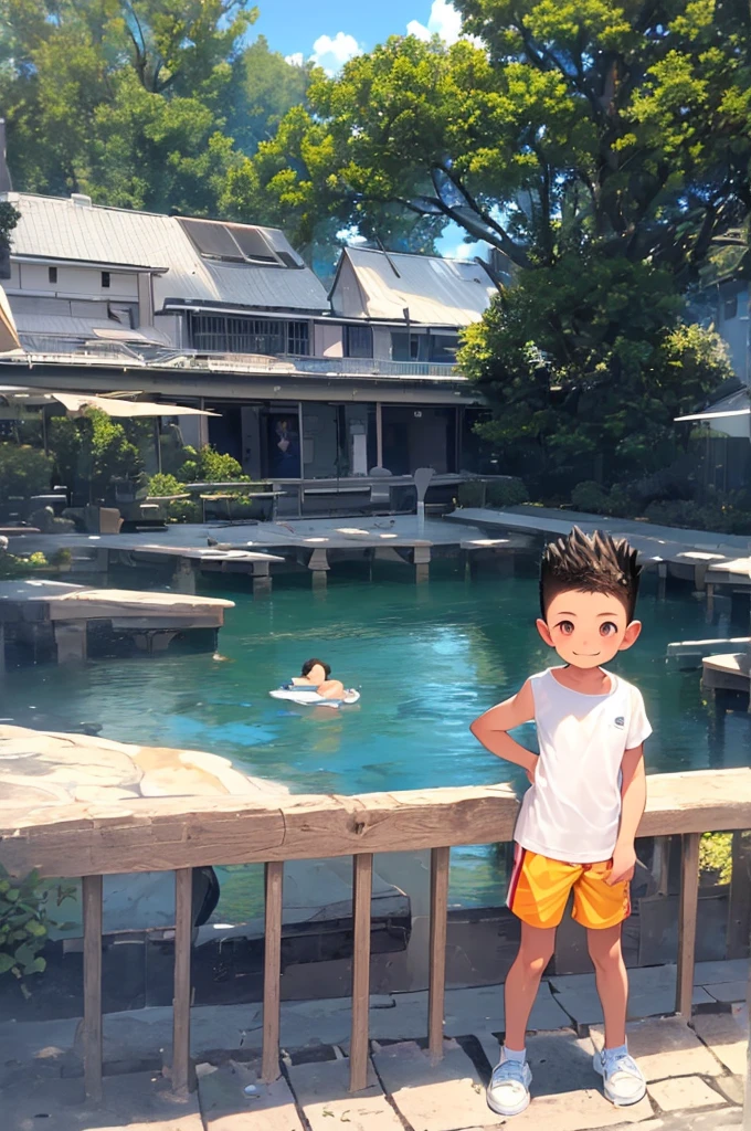 (Shota:1.5),(((Highest quality))),(((masterpiece))),(((Very detailed))),(((High resolution))),One person,Short sleeveＴshirt,Short shorts,White socks,Blue sneakers,Cheerful boy,Japanese,Buzz Cut,(((Spiked Hair))),Black Hair,(Point pupils),Skinny body,Baby Face,smile