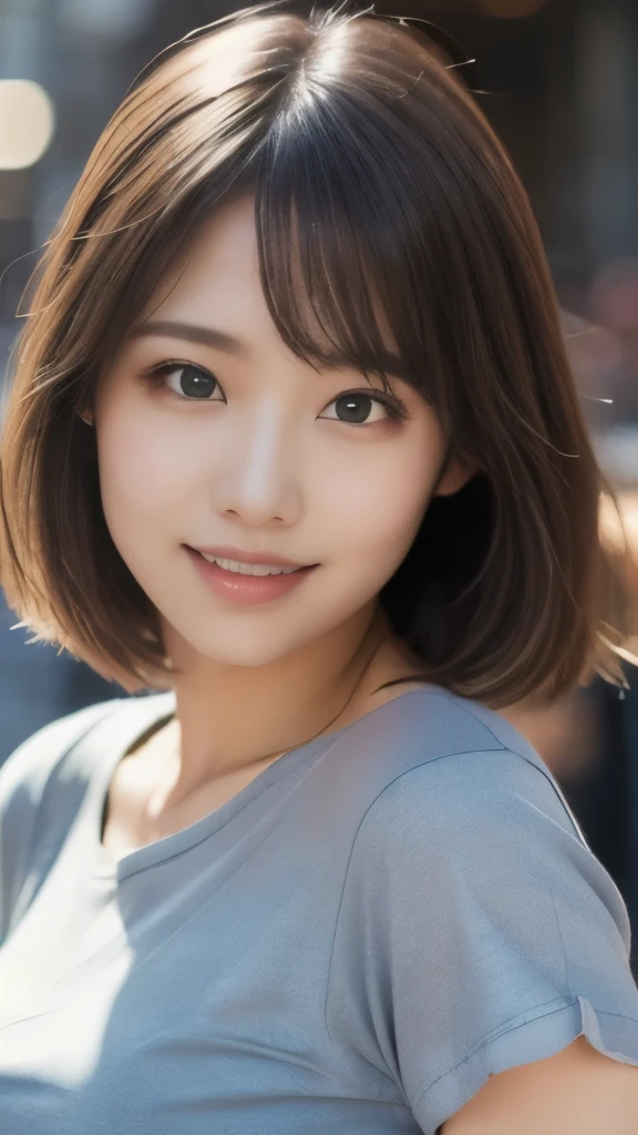 8k,Highest quality,(masterpiece:1.2),(Realistic),(Realistic:1.37),Ultra-high resolution,One 1 woman,smile,Beautiful Eyes,In town,(((T-shirt and jeans))),Big Breasts,Perfect body,Perfect Fingers,Professional Lighting,gravure,Detailed face and skin texture,fine grain,RAW Photos