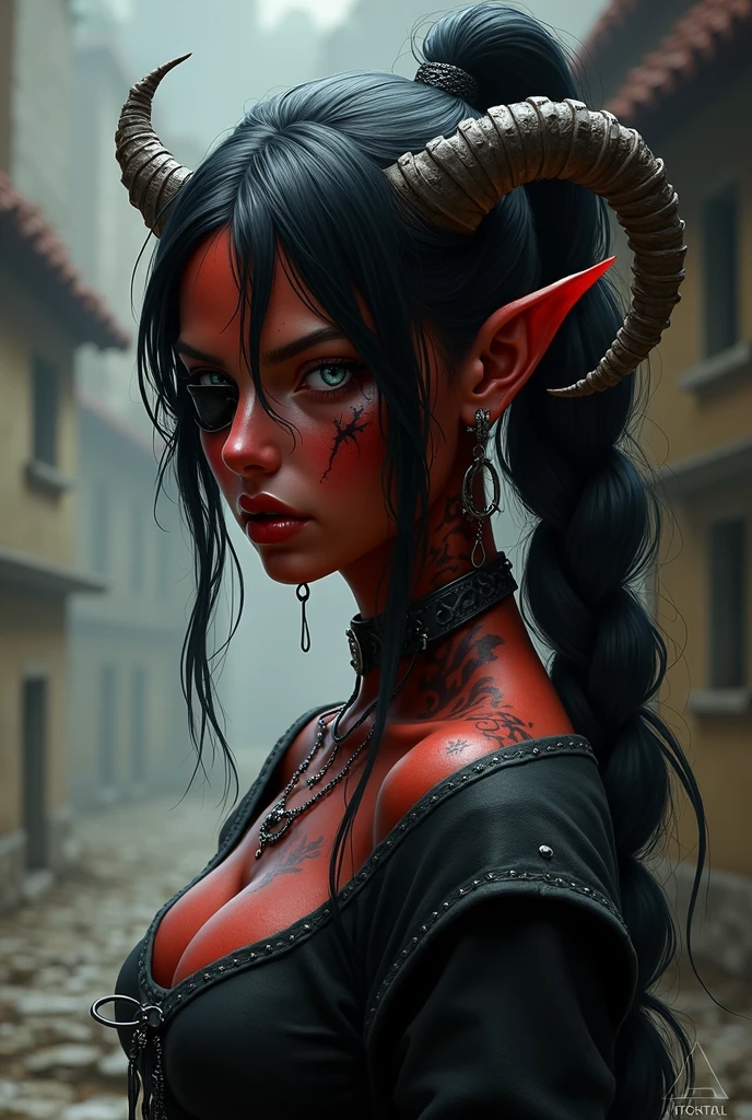 ((Mediovale)), uma mulher Tiefling, reddish skin, ram horns, broken left horn, Bblack hair, hair tied in a ponytail, hair shaved on the sides, two braids on each side of the bangs, white eyes without scruff, eye patch on the left side, scar under the eye patch, scar on the lips on the right side, 