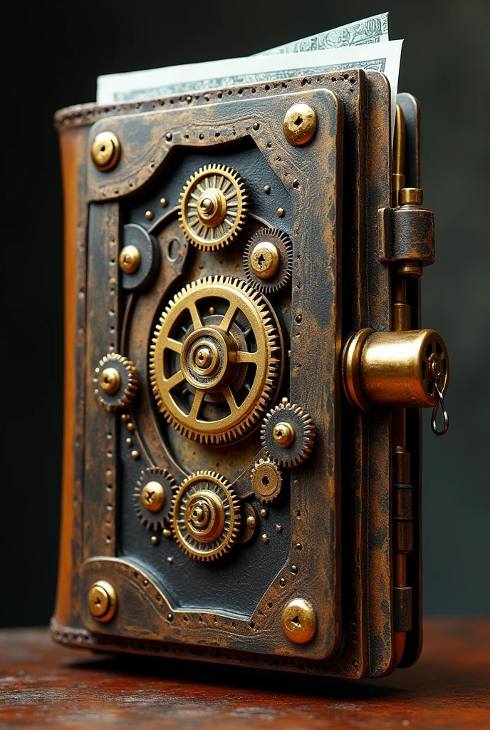Steampunk wallet , gears , a complicated device that secures banknotes and can be carried in the pocket