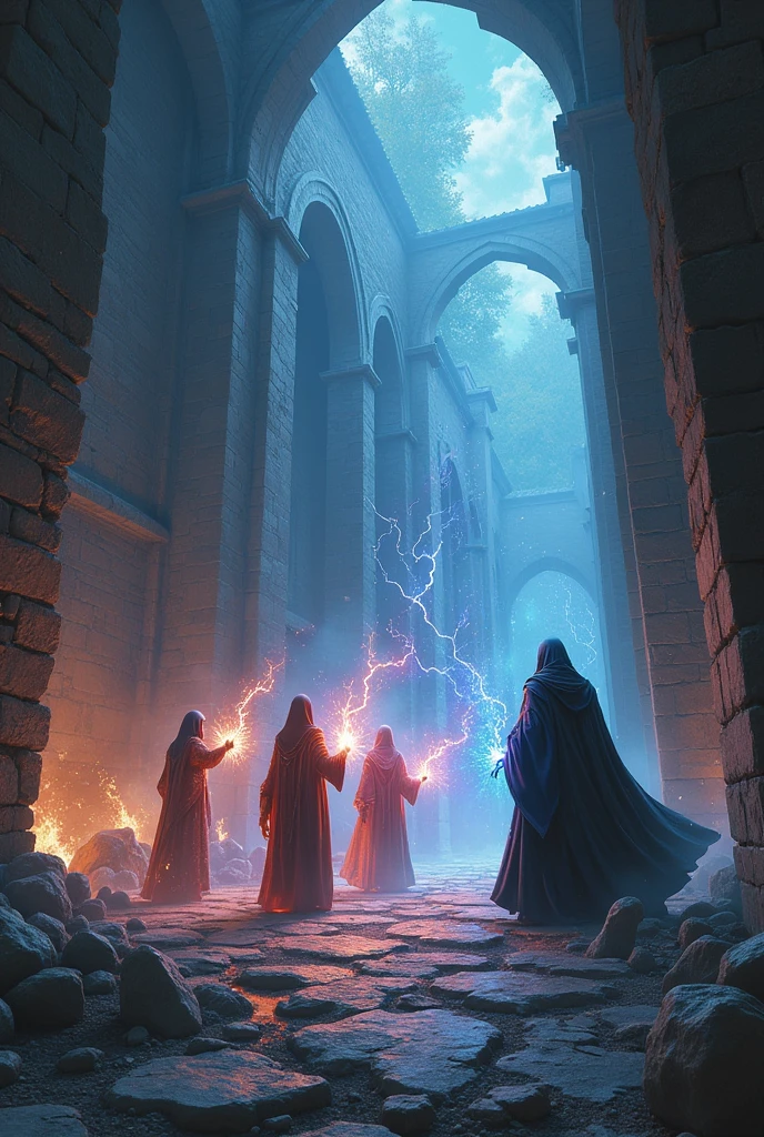 a fierce battle between the 3 elven mages with their light cloaks and magical runes in the middle of the stone hall, against the dark wizard with his dark cloak a dark look, a battle that leaves the sky dark, with rays of magic and ruins of the hall.