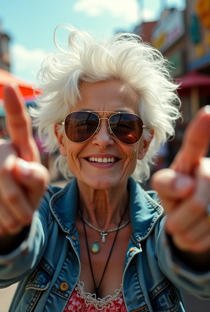 指で銃を作っているイケイケ婆さん: "A detailed and realistic close-up of an elderly woman with a wild, curly mane of white hair, wearing reflective aviator sunglasses and playfully pointing finger guns at the camera. She is dressed in a casual yet trendy outfit, including a denim jacket with rolled-up sleeves. The background is a lively street fair with stalls and performers, emphasizing her fun-loving and adventurous spirit."