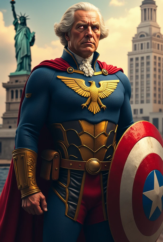 Generate an image of George Washington, the first President of the United States, as a powerful superhero. He wears a star-spangled suit with a golden eagle emblem on his chest. His eyes glow with a fierce determination, and he holds a shield emblazoned with the American flag. In the background, a cityscape with iconic American landmarks like the Statue of Liberty and the White House. Washington's facial expression is strong and courageous, conveying his unwavering commitment to protecting the nation. His superhero suit is a modern twist on his classic colonial attire, blending history and fantasy.