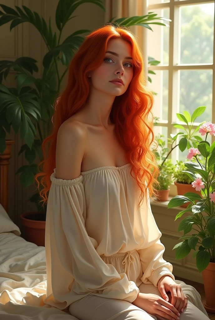beautiful woman, tall, wearing loose off-shoulder top, pajama pants, long hair red, indoors, soft lighting, plants in background, window with sunlight, cozy room, relaxed pose, realistic, intricate details, warm colors, by Greg Rutkowski, by Alphonse Mucha