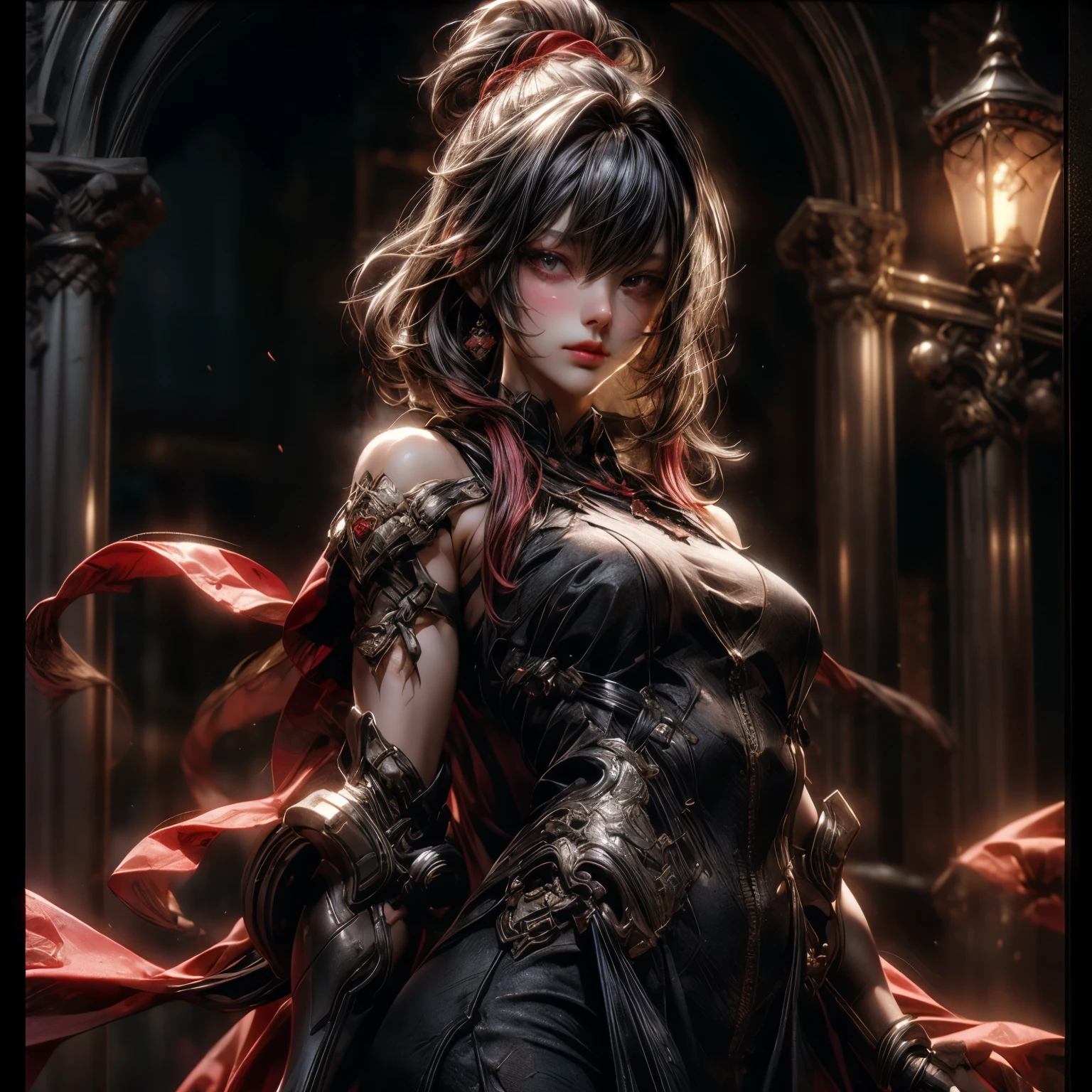 (best quality)), ((Masterpiece)), (details:1.4), 3d, HDR (high dynamic range), an image of a beautiful cyberpunk female, Medieval, Cyberpunk, Red hair, Curtain Bangs, Beautiful White eyes, จมูกโด่ง, ปากแดง, หน้าอกใหญ่, nvidia RTX, PBR surface, After processing, Anisotropic filtration,depth of field, Maximum clarity and clarity, multi-layered surface, Subsurface scattering, perfect proportions, 8K raw files, ultra detailed, Perfect proportions, volumetric lighting, soft lighting, Holy Paladin, Heavy Black Armor, Red dress, glossy skin, intricate Silver embroidery, Castle Hall background, jewely, ต่างหู, นิ้วมือสมบูรณ์,