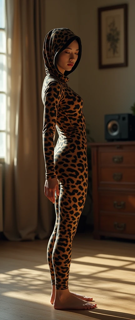 A most beautiful and thin 2 chinese contortion girl wearing a glasses wears leopard-like zebra Lycra turtleneck unitard catsuit covered with seamless black zebra and leopard paterns.She always wear leopard-like zebra Lycra dancewear hijab-like hood.She has beautiful cheeks on her face.She is take part for contortion performance.She performs contortion in the house.She is my contortionist.