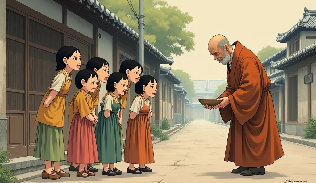 Young girls make crooked mouths when they see a monk walking, and the monk bows his head in the monk's hand, holding the bottom for placing food