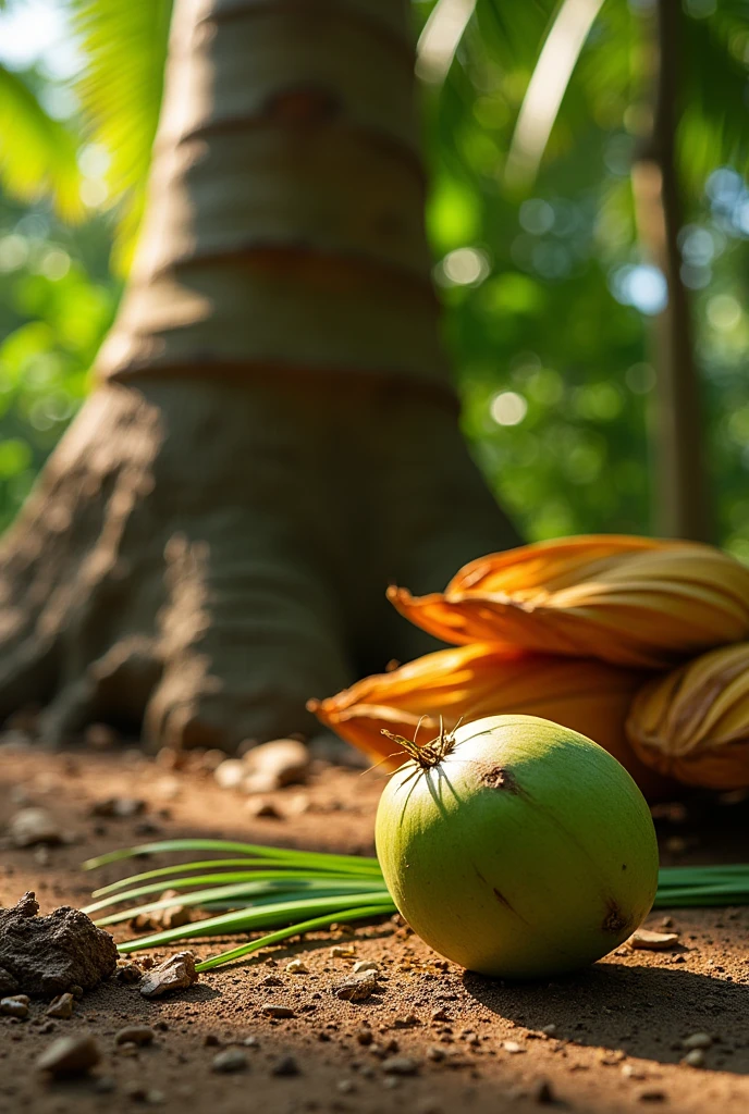 At the base of a coconut tree it looks like a freshly picked young coconut. There are also several clumps of coconut leaves stacked under the young coconuts. Describe the situation from a close distance with emphasis on space., weave and shape