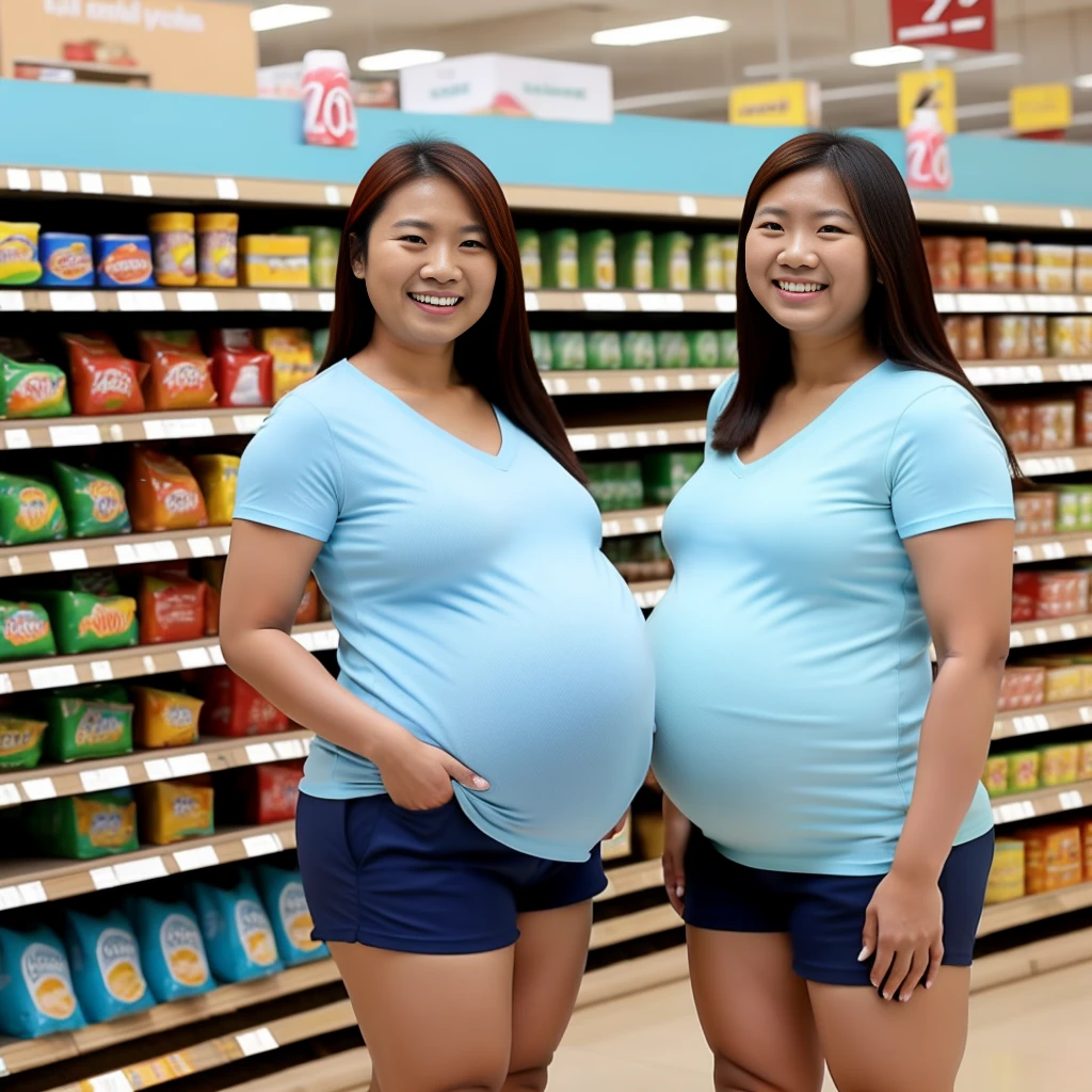 a photo of a 2 Asian woman smiling chubby pregnant lady, wearing a light blue v-neck shirt and tan khakis, a comically large bloated round belly, standing inside an empty grocery store.