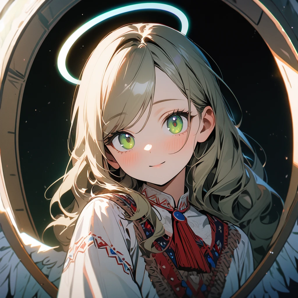 (8K, best quality, master piece: 1.2),ultra-high resolution,1 girl,solo,,korean finger heart,ultra-detailed face,detailed eyes,gradient eyes,lash extension,Long hair,khaki hair,wavy hair,halo,swept bangs,sheer sleeves,Moldova folk costume with angel wings on back,looking at viewer,Upper body,happy,rimlight,The arched green tunnel