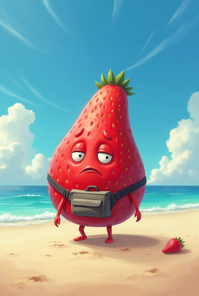 A crying strawberry with a fanny pack on its waist on the beach