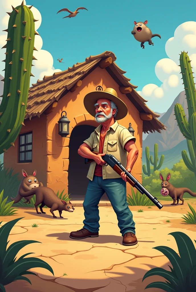 Character Description and Action:
The character is a middle-aged man, typical northeastern country, with a cartoonish and humorous art style. He wears a simple, worn cotton shirt., faded in color, a traditional straw hat, and jeans. He is sitting on a rustic stool at the entrance to his mud house., holding an old shotgun, but functional. His expression is a mixture of determination and a touch of comical exasperation., reflecting the game's over-the-top, fun style.
Scenario:
The setting is a stylized version of the northeastern caatinga, with vibrant and colorful graphics. The ground is dry and cracked, with cartoonish details such as exaggerated cracks and cacti with unusual shapes. Ao fundo, there are twisted trees and rocky hills, but all drawn in a fun, cartoonish style. The character's adobe house is represented in a charming and rustic way., with exaggeratedly cracked clay walls and a thatched roof almost falling down, but in a friendly way.
Animals and Enemies:
The game's enemies are animals from the local fauna., but with exaggerated and funny features. Giant-eyed armadillos and cavies that zigzag chaotically. There are also other fictional animals that appear sporadically., like birds that drop explosive seeds or lizards that move at high speed. Each animal has a distinct behavior, creating varied challenges for the player.
Game Mechanics:
Similar a "Swamp Attack", the player must defend the character's house against waves of attacking animals. As the game progresses, the waves become harder, with more animals and bigger enemies. The character can upgrade his shotgun and acquire new weapons, like mandacaru bombs or a powerful blowgun. There is also the possibility of installing additional defenses, such as cactus barriers or pit traps.
Humor and Visual Style:
The visual style is vibrant and exaggerated., with elem