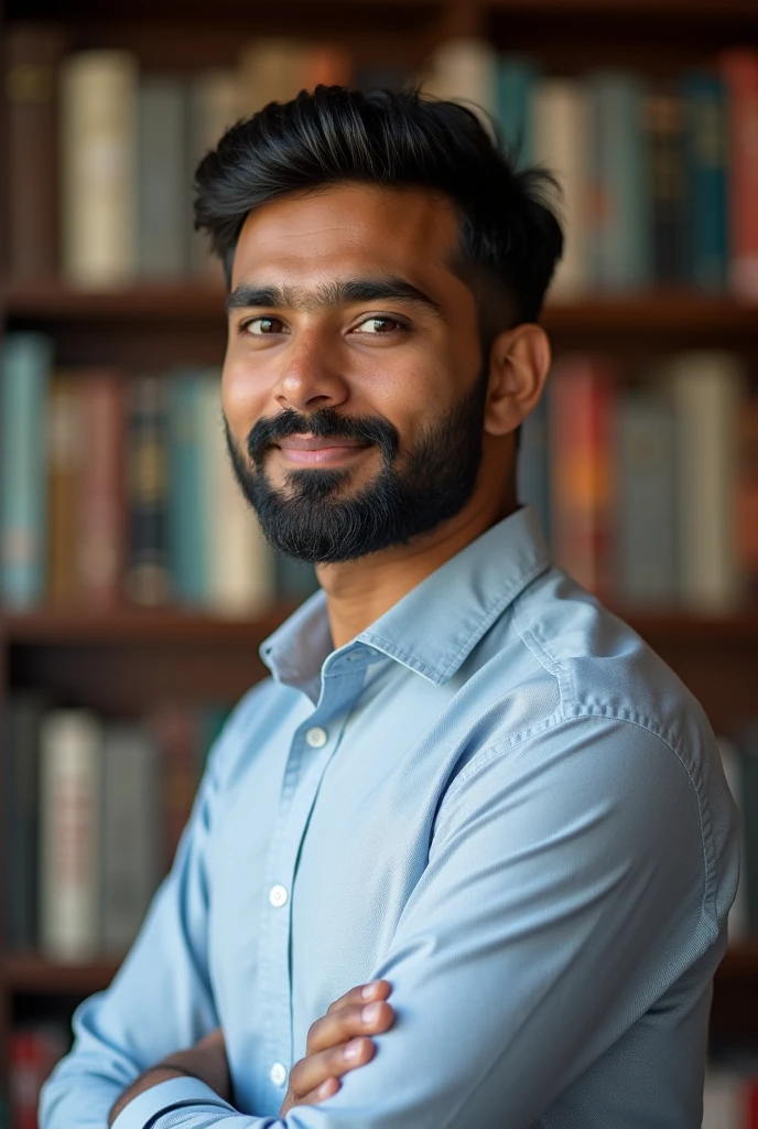 Indian 24 year young professional boy Beard normal haircut And eye to eye stand position books background