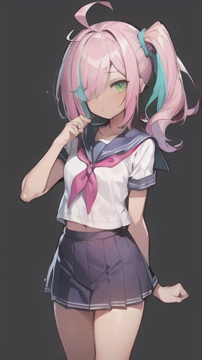 (((scrawny))),((Wheat skin)),(((tall))),tanlines,(side ponytail,ahoge,One eye is covered by hair),((purple hair)),(fluorescent pink streaked hair),(Green Eyes),Cat Eyes,(Sailor school uniform)