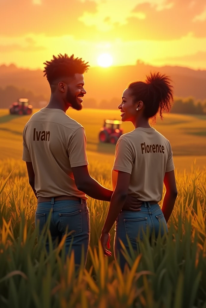 Un homme noir et son amoureux noir souriant entrain de travailler dans un champ avec des tracteurs au couché du soleil
Nous pouvons voir le mot Ivan sur le t-shirt de l’homme et Florence sur le t-shirt de la femme