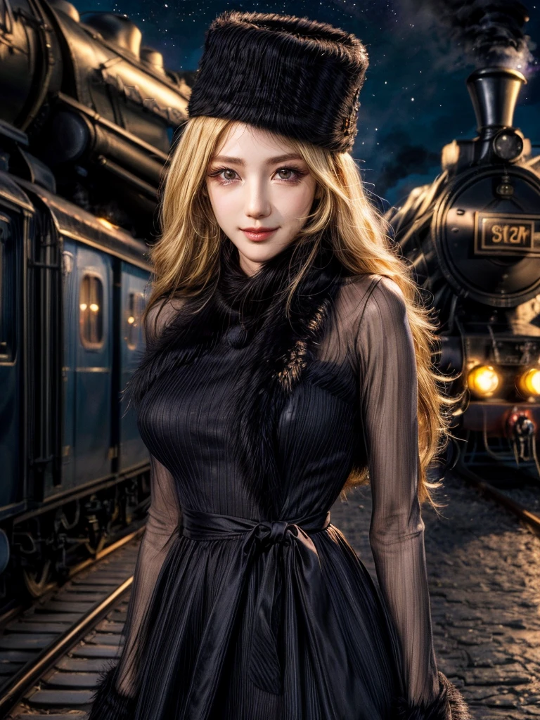 maetel, long hair, blonde hair,fur trim, black headwear, fur hat, dress,(cowboy shot:1.1), yellow eyes, (luggage:1.1), steam (train station:1.1),station platform,  night, galaxy,999
best quality, highly detailed, masterpiece, absurdres,8k,   (detailed eyes, deep eyes),photorealistic, realistic,detailed skin texture, detailed pupils,HDR,
1woman,(happy:1.1),smile, (angular face:1.2),shiny face,large breasts, (narrow waist:1.1), lip makeup,long eyelashes