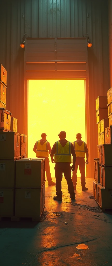 a material warehouse with lots of boxes and employees wearing yellow vests, the employees are being held hostage with tape over their mouths, there are bandits carrying the boxes, they are entering an interdimensional portal, the energy portal has yellow edges, spark, lens flare, motion-blur,sparks,
