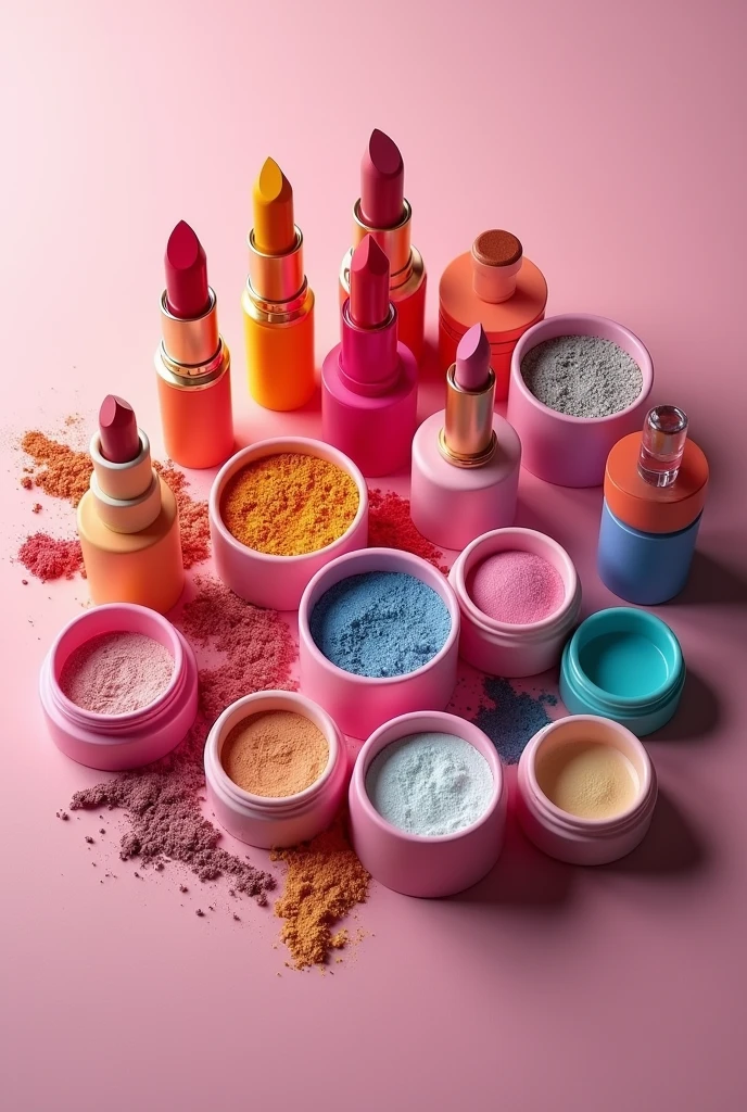 A circle of colourfull and detailed professionally beauty products  photographed from above for a logo brand