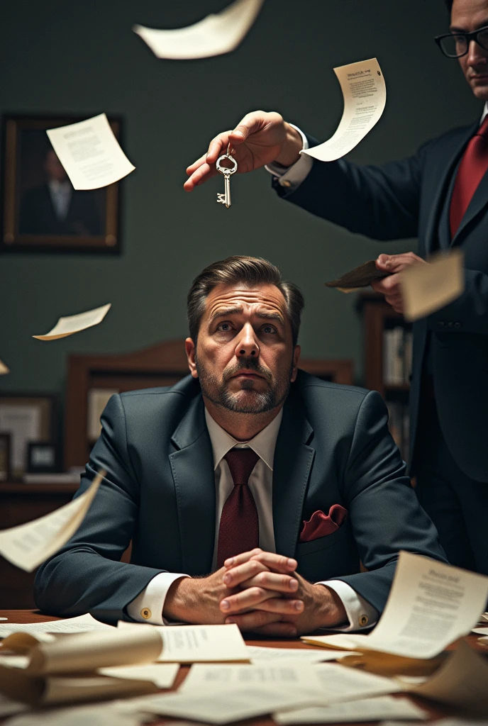 A confused man in the middle of several papers and a man in a suit reaching out to him, holding a key. I
