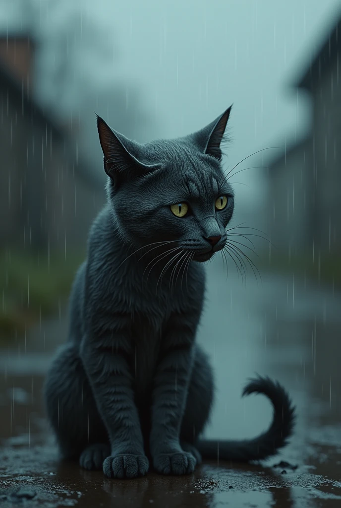 Cat is crying in rain