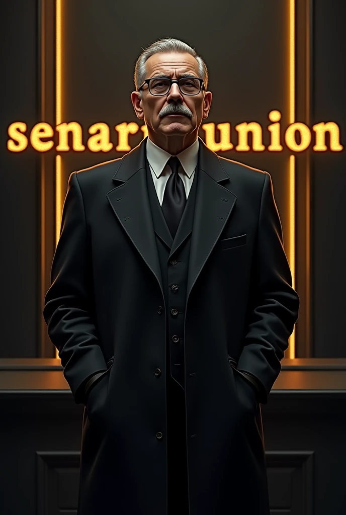 One man with spectacles wearing a black coat. Color the background with black and gold. Write on that showcase SENARIOUNION 