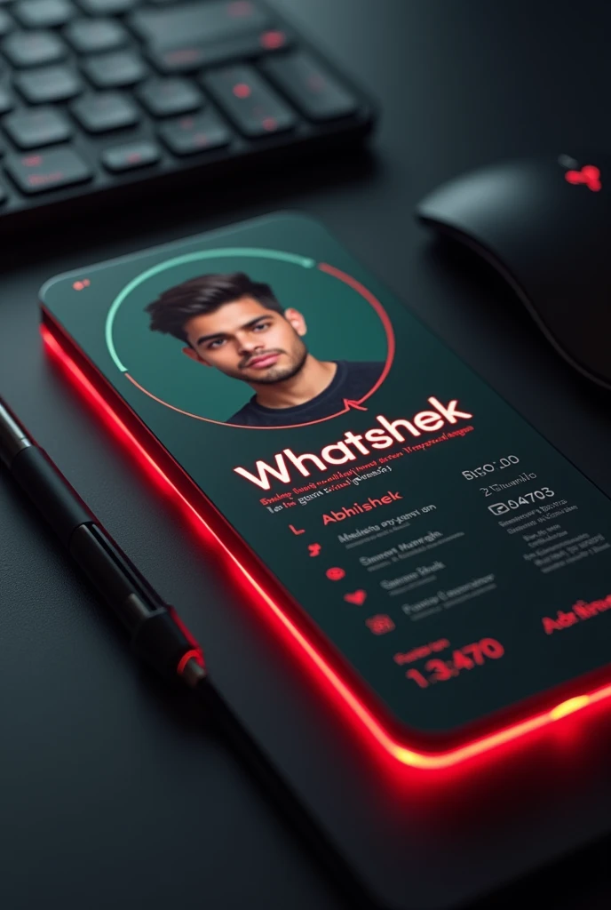 Create a whatsapp profile on glass Id card on a black desk displaying whatsapp logo and realistic profile photo of a age boy with light beard in circle and "Abhishek" is written in bold fonts under the profile photo, the whatsapp card is glowing in red color on the edge.