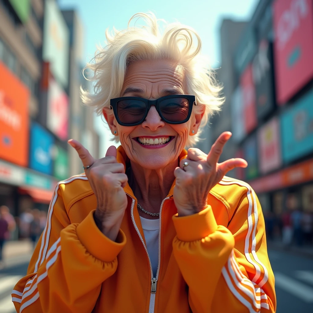 カメラに向かってウインクしているイケイケ婆さん: "Create a lifelike image of an elderly woman with short, spiky hair, wearing oversized sunglasses and winking at the camera with a mischievous smile. She is dressed in a stylish tracksuit with bright colors, giving off a cool and sporty vibe. The background is a vibrant city street with bustling traffic and colorful billboards, adding to the dynamic and lively atmosphere."