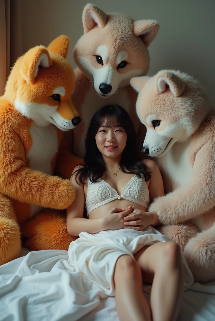 a group of five fursuiter wearing fursuit costumes caught a korean hot girl and remove all her clothes and touching her body parts, she is lying in bed while the group surrond her
