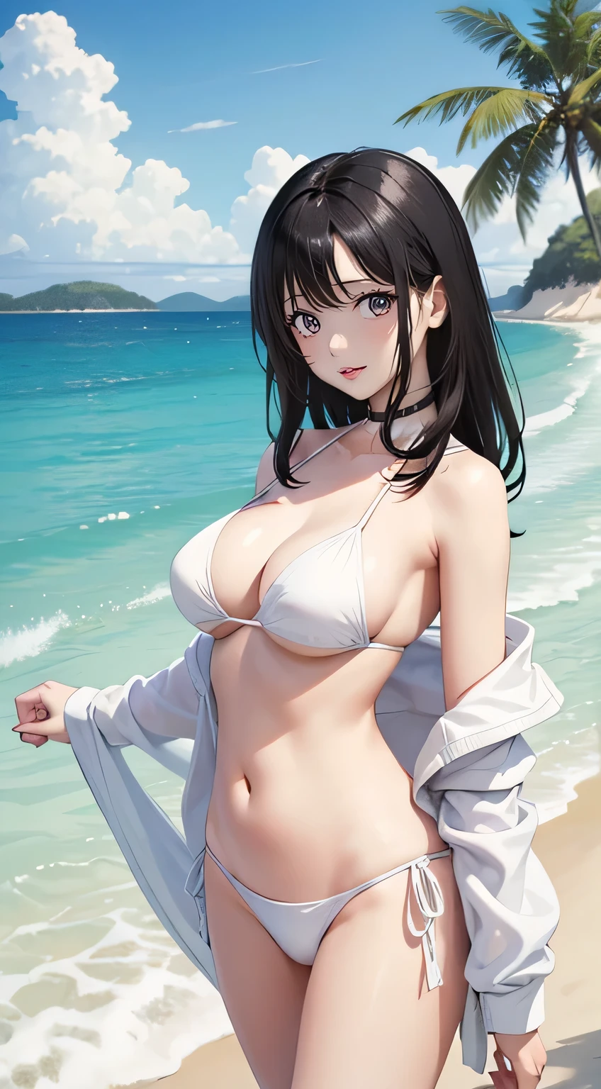 Black Hair、young woman, (Ample breasts) Simple white bikini, Standing on a white sandy beach、'Slender)、 Her long black hair is fluttering in the wind. The sea is visible in the background、Embarrassing、Embarrassing、(do not look)、((blush))