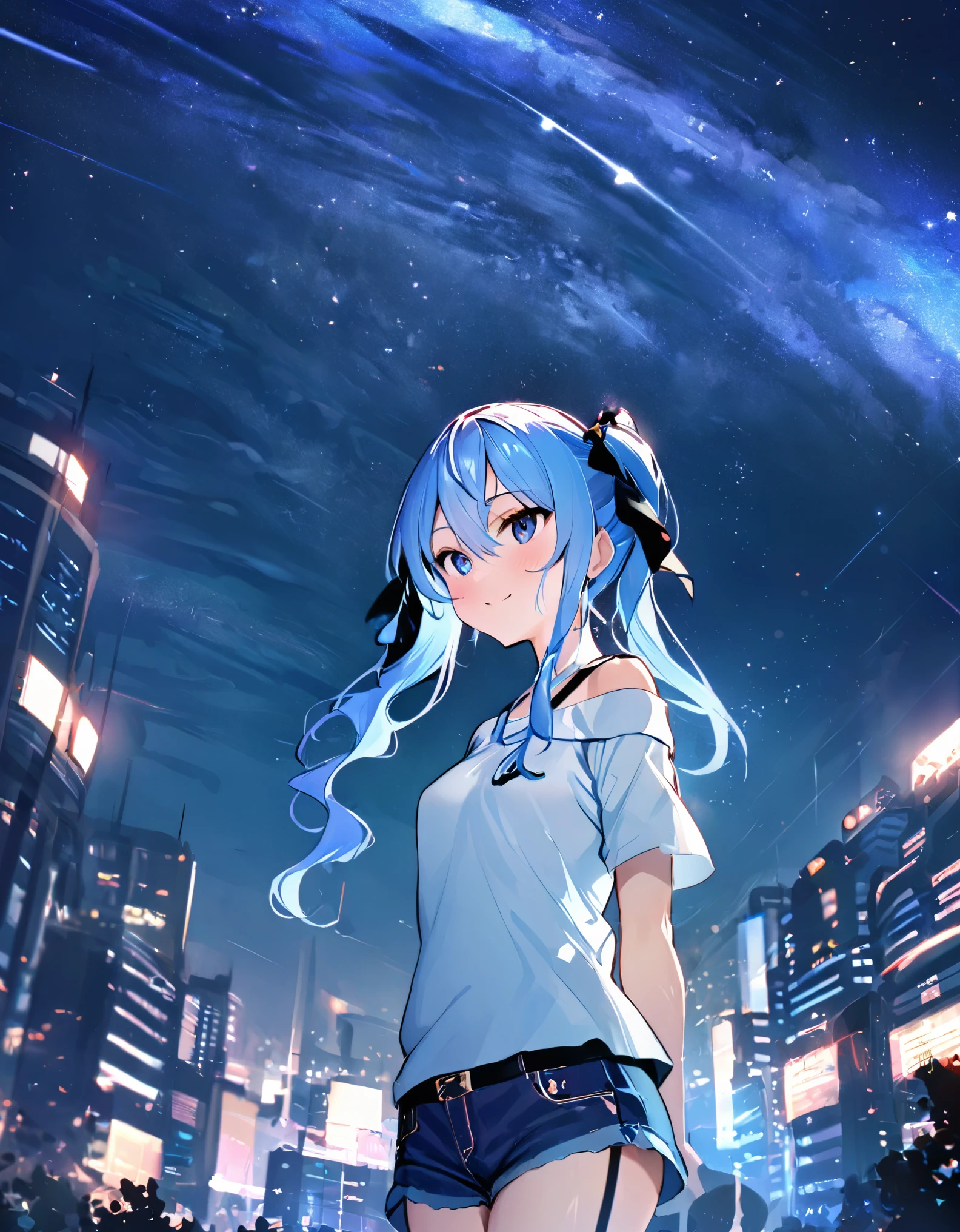 (8k、Best image quality、highest quality、masterpiece)、Detailed face、 1girl、Blue Hair、Long Hair、sideponytail、dark_blue_eyes、smile,(navel:0.6),Moderate_torso、small_breasts,((White T-shirt))、Off the shoulder、Black shoulder straps、(open_front_denim_short_shorts:1.2)、Cowboy Shot、Shoot from below、City Background, starry_sky_landscape ,hoshimachi suisei, slender,(covered_nipples:0.3), (belly button:1.2),nihil,solo,stargaze,girl_looking_up_sky,(abs:0.6)