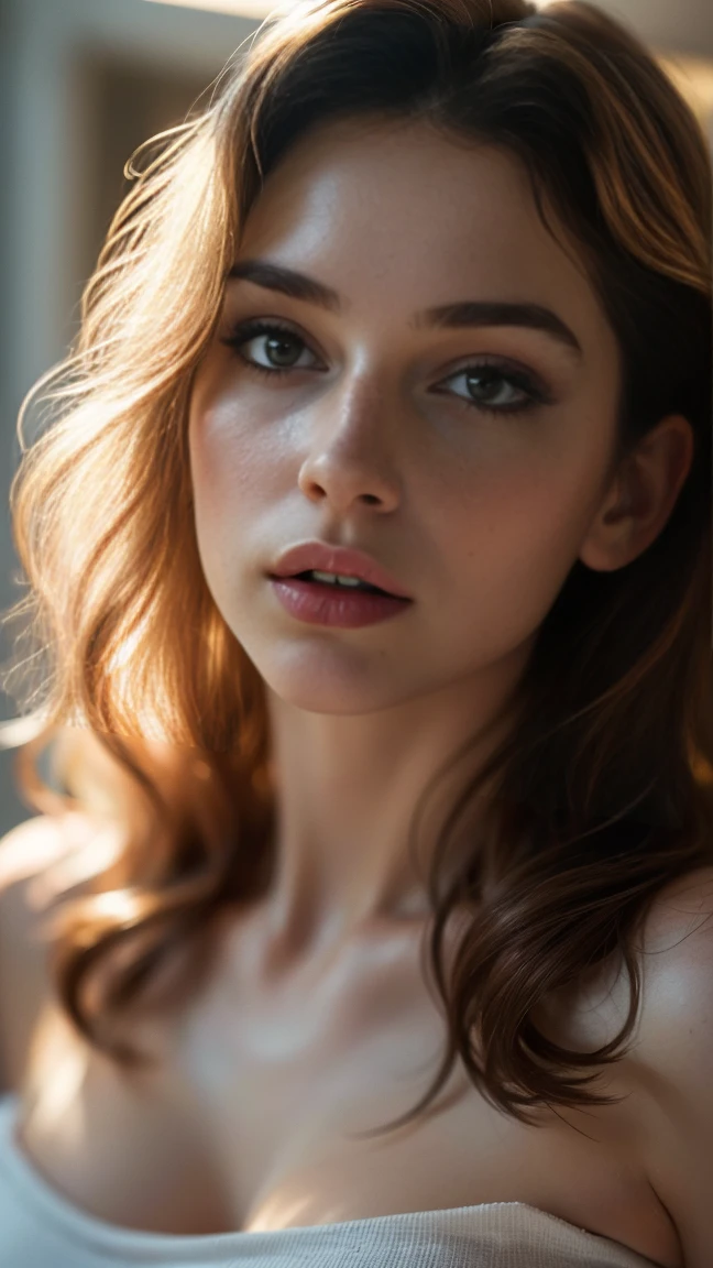 (((ultra realistic))) Photo, masterpiece, top quality, (pale skin), (Ultra detailed face and eyes:1.3), 1 girl, Adult, in a T-shirt, (Eye makeup, mascara) , ((large detailed lips)), ((ash wavy hair)), ((Chyolka)) , (Natural breasts), Slim waist. ((Posing)), photoshoot, studio (soft lighting), (The play of light and shadows), depth of field, bokeh, (special attention to skin detail: 1.2), Detailed leather texture, skin pores. (Airy atmosphere of the frame. Color range - delicate, Bright, white, Pink tones), UDR, ((Film grain)), ((rays)), ((glare of the sun)), ((waist up portrait, close to the camera)) , ultra detialed,