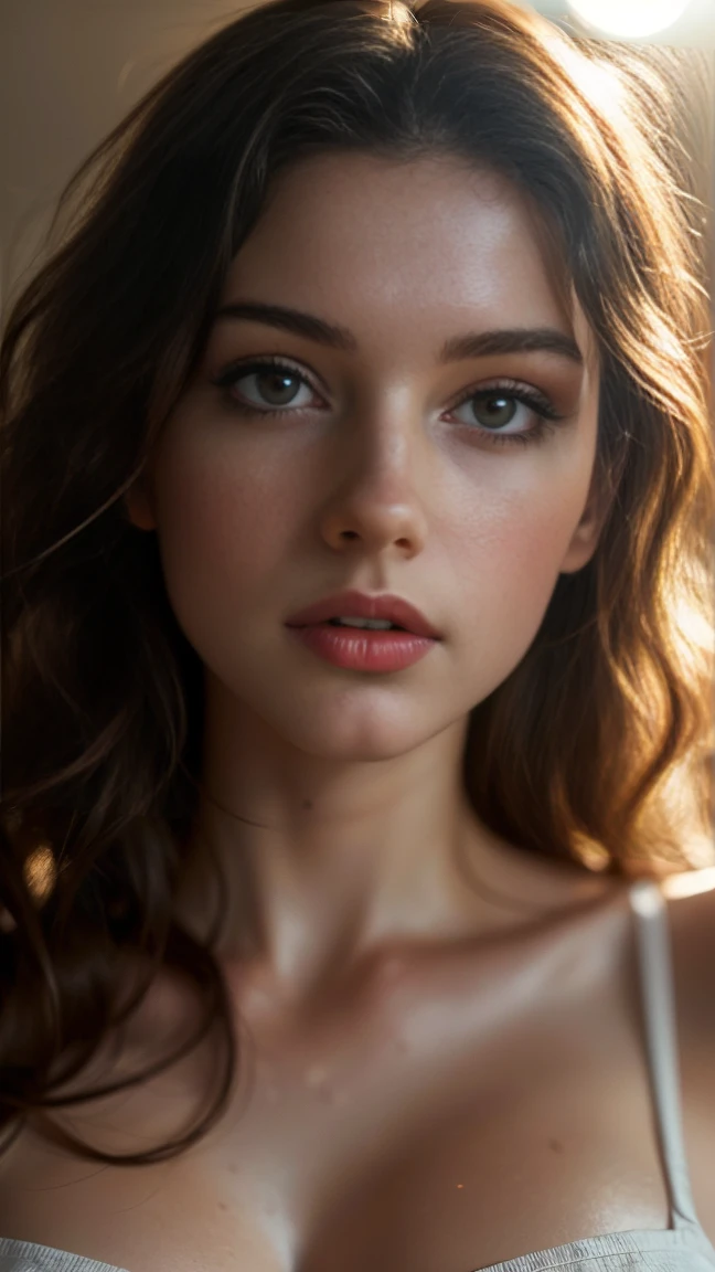 (((ultra realistic))) Photo, masterpiece, top quality, (pale skin), (Ultra detailed face and eyes:1.3), 1 girl, Adult, in a T-shirt, (Eye makeup, mascara) , ((large detailed lips)), ((ash wavy hair)), ((Chyolka)) , (Natural breasts), Slim waist. ((Posing)), photoshoot, studio (soft lighting), (The play of light and shadows), depth of field, bokeh, (special attention to skin detail: 1.2), Detailed leather texture, skin pores. (Airy atmosphere of the frame. Color range - delicate, Bright, white, Pink tones), UDR, ((Film grain)), ((rays)), ((glare of the sun)), ((waist up portrait, close to the camera)) , ultra detialed,