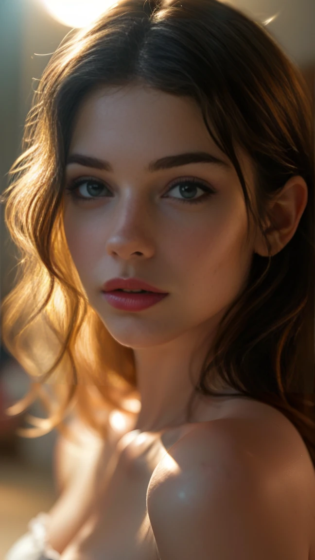 (((ultra realistic))) Photo, masterpiece, top quality, (pale skin), (Ultra detailed face and eyes:1.3), 1 girl, Adult, in a T-shirt, (Eye makeup, mascara) , ((large detailed lips)), ((ash wavy hair)), ((Chyolka)) , (Natural breasts), Slim waist. ((Posing)), photoshoot, studio (soft lighting), (The play of light and shadows), depth of field, bokeh, (special attention to skin detail: 1.2), Detailed leather texture, skin pores. (Airy atmosphere of the frame. Color range - delicate, Bright, white, Pink tones), UDR, ((Film grain)), ((rays)), ((glare of the sun)), ((waist up portrait, close to the camera)) , ultra detialed,