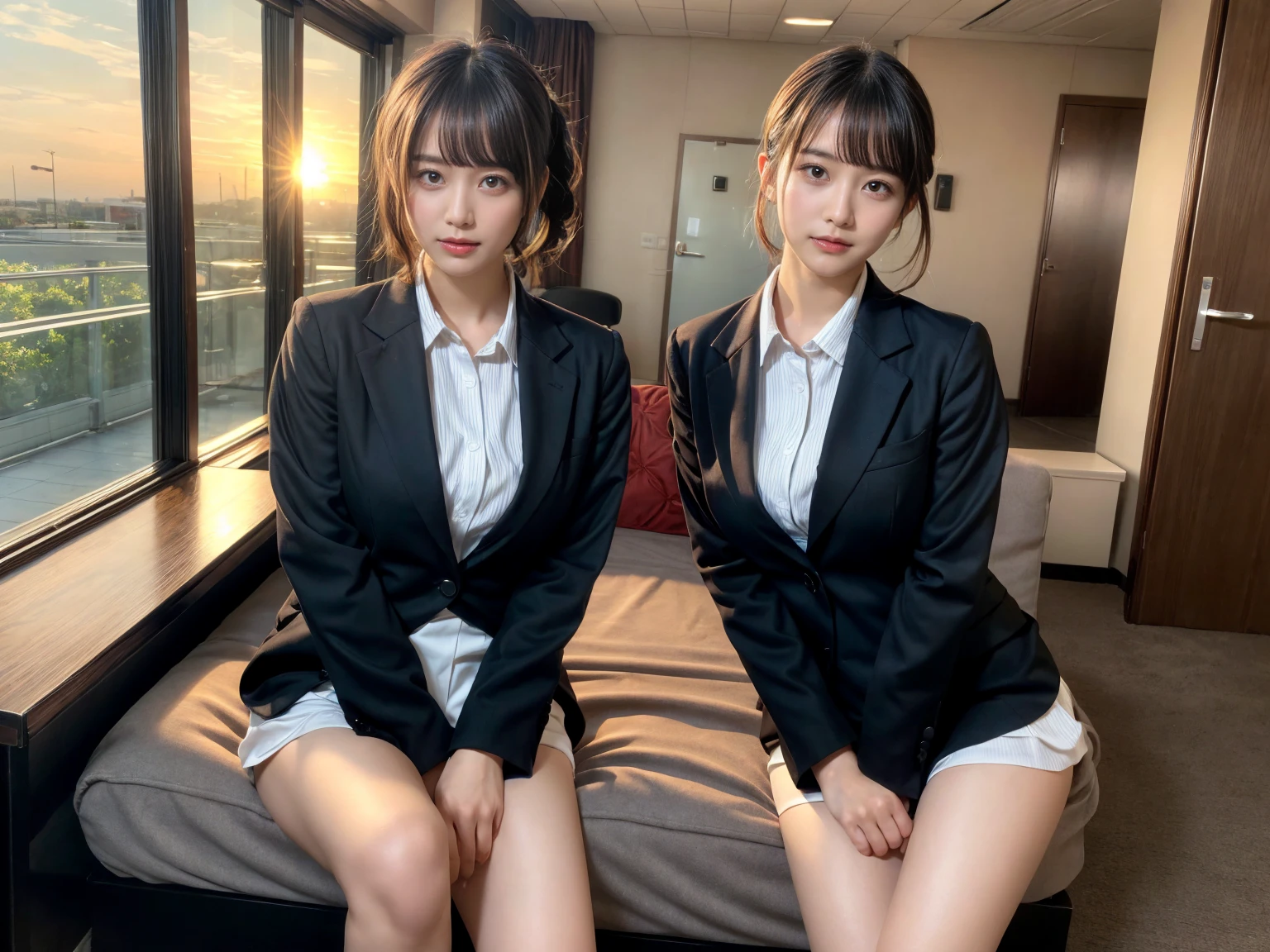 masterpiece, best quality, illustration, Super detailed, fine details, High resolution, 8K,wall paper, perfect dynamic composition,(Details High quality, realistic depiction of eyes:1.3), (2 girls), short hair, Office Lady, ,Suit,Collared shirt, Black Suit,Black jacket, updo, huge breasts,  black hair color, Big Natural Color Lip, bold sexy pose, crying a little、Harajuku style、20 year old girl、cute type、lolita、beautiful legs, hotel room, full body photo、focus on crotch, hposing Gravure Idol, Sexy shot looking at camera, Sunset, by the window, Summer, make up, Curve