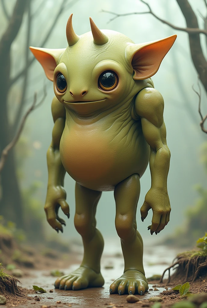 It's fictitious, Unripe, round-cropped, two small horns, one eye only, two arms and two legs