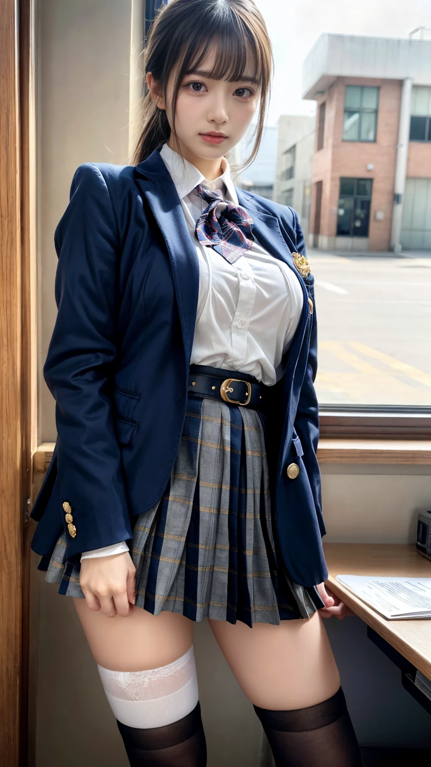 masterpiece, best quality, illustration, Super detailed, fine details, High resolution, 8K,wall paper, perfect dynamic composition,(Details High quality, realistic depiction of eyes:1.3), from side, High School Classroom、High school girl uniform、blazer 、Super Short Check Uniform Skirt、Navy blue high socks、garterbelts、plump breasts, Disturbed uniform, (updo:1.2), black hair color, large breasts, Big Natural Color Lip, bold sexy pose, (perfect body shape), crying a little、20 year old girl、cute type, beautiful legs, hposing Gravure Idol, Voluptuous thighs
