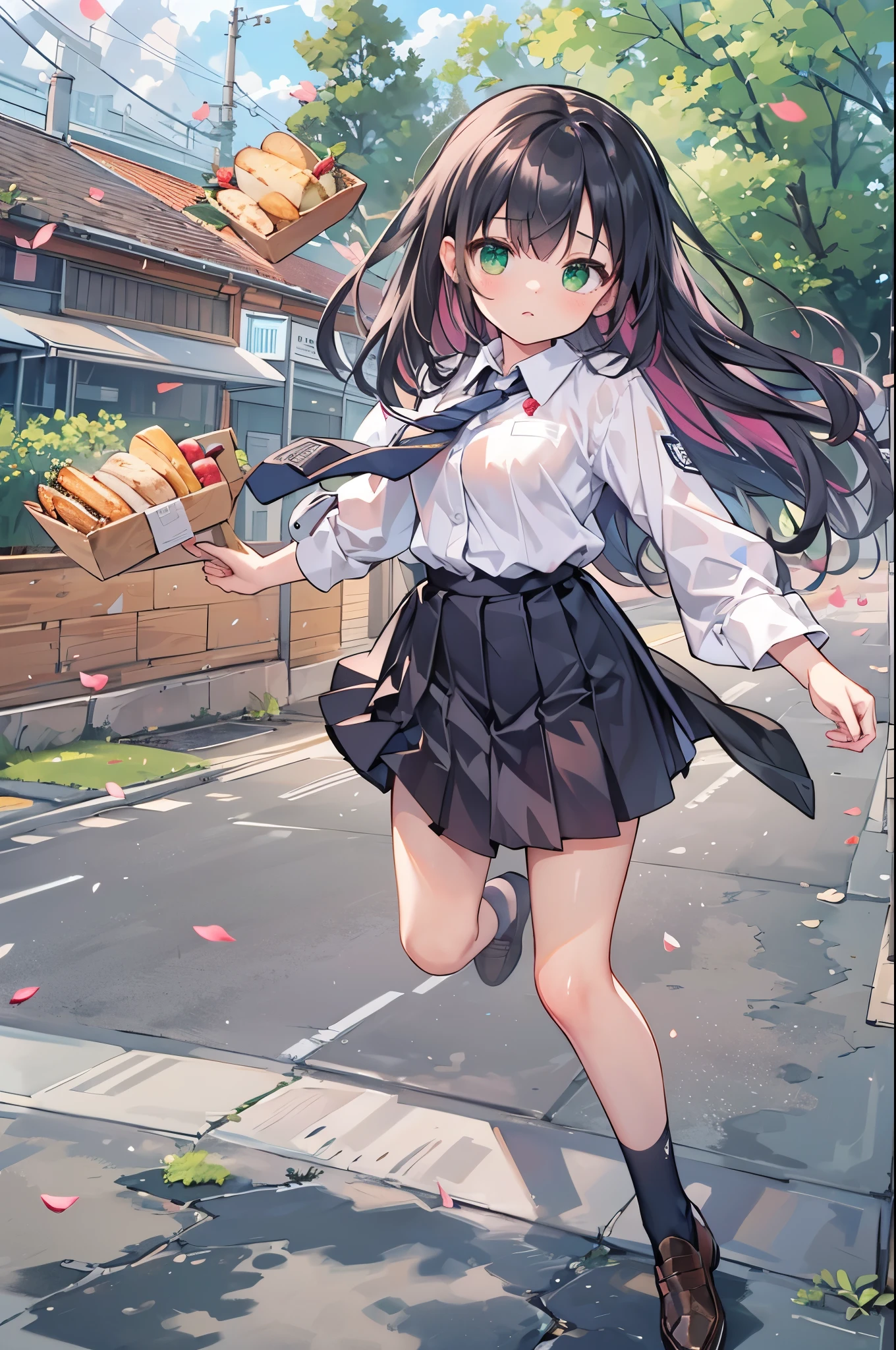 ((Highest quality, 8k, masterpiece: 1.3)), whole body,1 personの,1 person,,Glamorous Body,cute,Grim expression,Black Hair,Beautiful emerald green eyes,Long Hair,Put a loaf of bread in your mouth,Sprinting,Run,Landscape,((White short-sleeved blouse,tie)),((Green pleated mini skirt,loafers)),School zone,Carry a school bag,