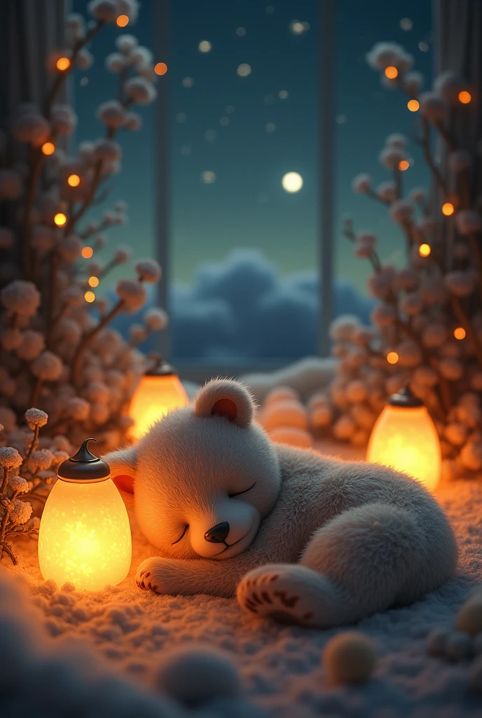 Fantasy sleeping little bear。Lying down。There are lots of warm lamps around and lots of stars and moons。