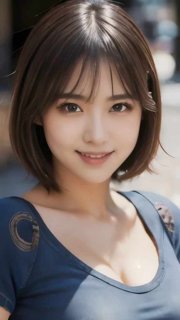 8k,Highest quality,(masterpiece:1.2),(Realistic),(Realistic:1.37),Ultra-high resolution,One 1 woman,smile,Beautiful Eyes,In town,(((T-shirt and jeans))),Big Breasts,Perfect body,Perfect Fingers,Professional Lighting,gravure,Detailed face and skin texture,fine grain,RAW Photos