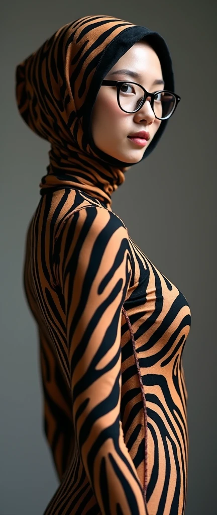 A most beautiful and thin 2  chinese contortion girl wearing a glasses wears  leopard-like zebra Lycra turtleneck unitard catsuit covered with seamless black zebra and leopard paterns.She always wear  leopard-like zebra Lycra dancewear hijab-like hood.She has beautiful cheeks on her face.She is take part for contortion performance.She performs contortion in the house.She is my contortionist.