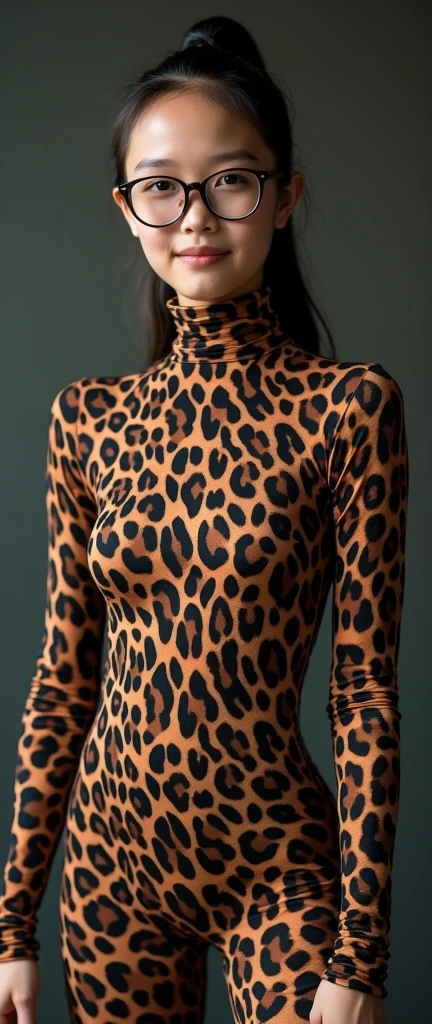 A most beautiful and thin 2 chinese contortion girl wearing a glasses wears leopard-like zebra Lycra turtleneck unitard catsuit covered with seamless black zebra and leopard paterns.She always wear leopard-like zebra Lycra dancewear hijab-like hood.She has beautiful cheeks on her face.She is take part for contortion performance.She performs contortion in the house.She is my contortionist.
