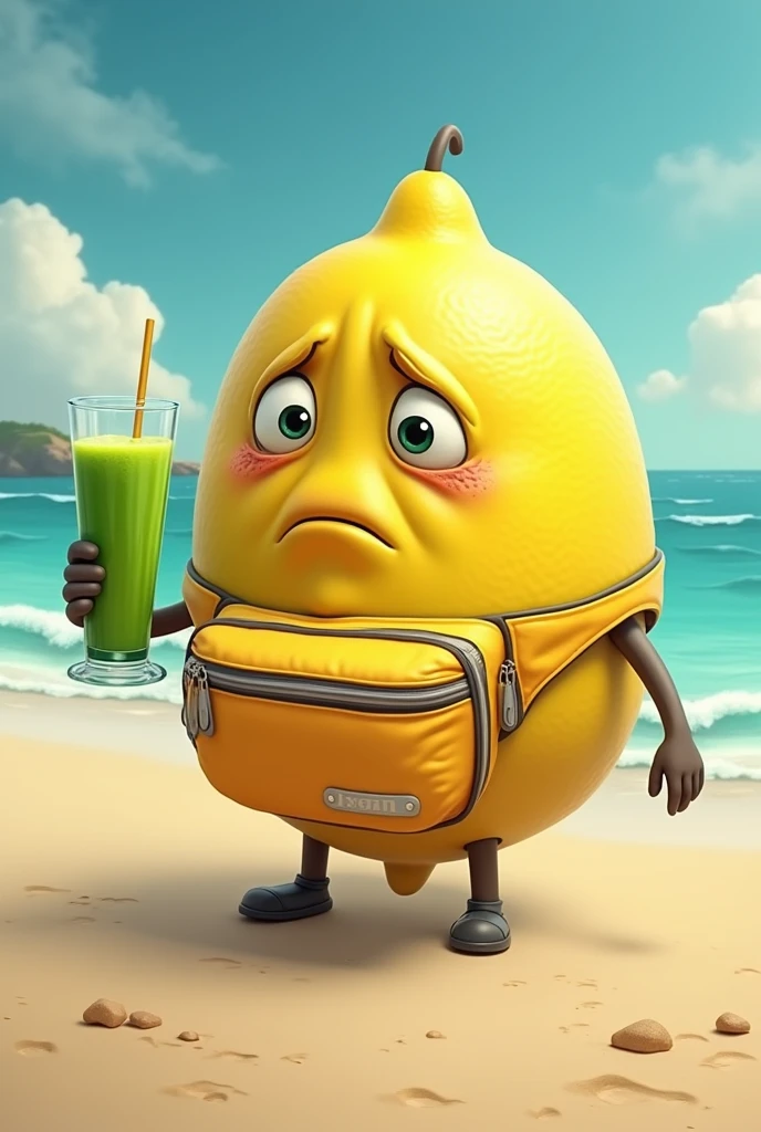 A crying lemon with a fanny pack on his waist on the beach and drinking a green juice
