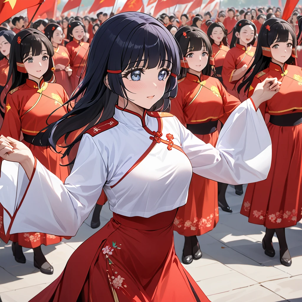 ((Highest quality)), ((masterpiece)), (detailed), (Perfect Face)、The woman is Aoki Reika, has medium-long hair and is a member of the Chinese Communist Party.、A woman wears a Chinese Communist Party folk dance costume and performs Chinese folk dance for China with female members at a Communist Party rally.