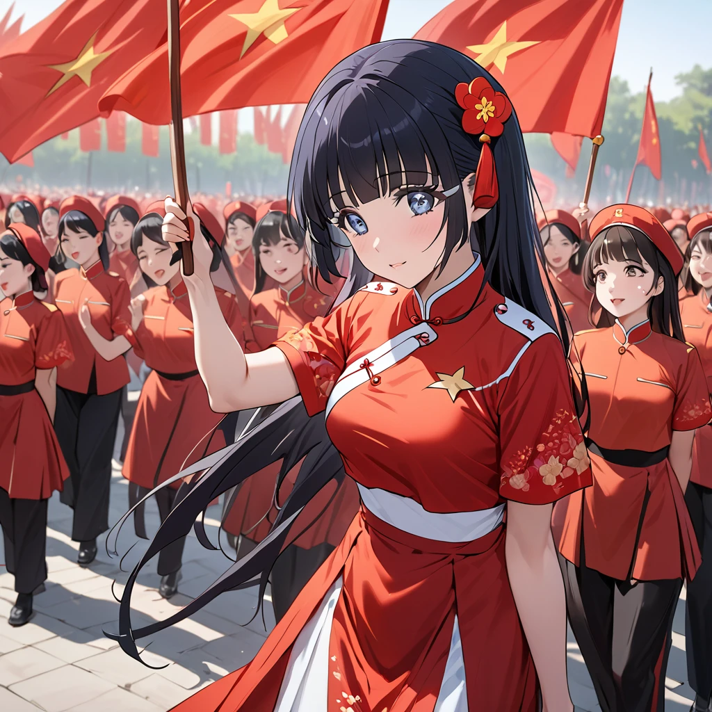 ((Highest quality)), ((masterpiece)), (detailed), （Perfect Face）、The woman is Aoki Reika, has medium-long hair and is a member of the Chinese Communist Party.、A woman wears a Chinese Communist Party folk dance costume and performs Chinese folk dance for China with female members at a Communist Party rally.