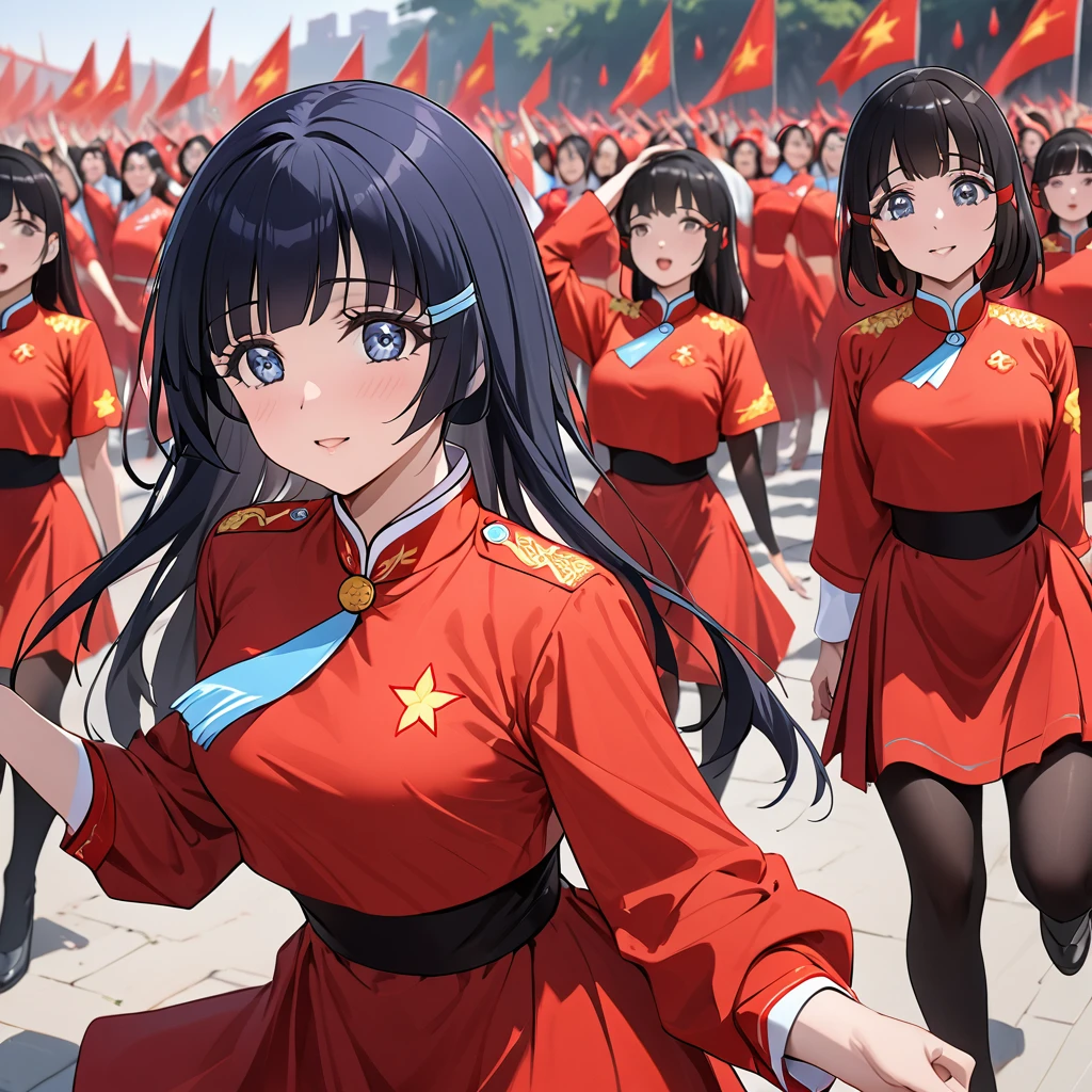 ((Highest quality)), ((masterpiece)), (detailed), (Perfect Face)、The woman is Aoki Reika, has medium-long hair and is a member of the Chinese Communist Party.、A woman wears a Chinese Communist Party folk dance costume and performs Chinese folk dance for China with female members at a Communist Party rally.