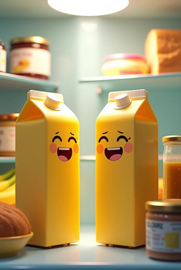 Picture two cartons of banana milk flirting while standing in the fridge, have a humanoid mouth, eyes and ears, çevrelerinde ise buzdolabında yer alabilecek reçel, oil, whether it is products like bread