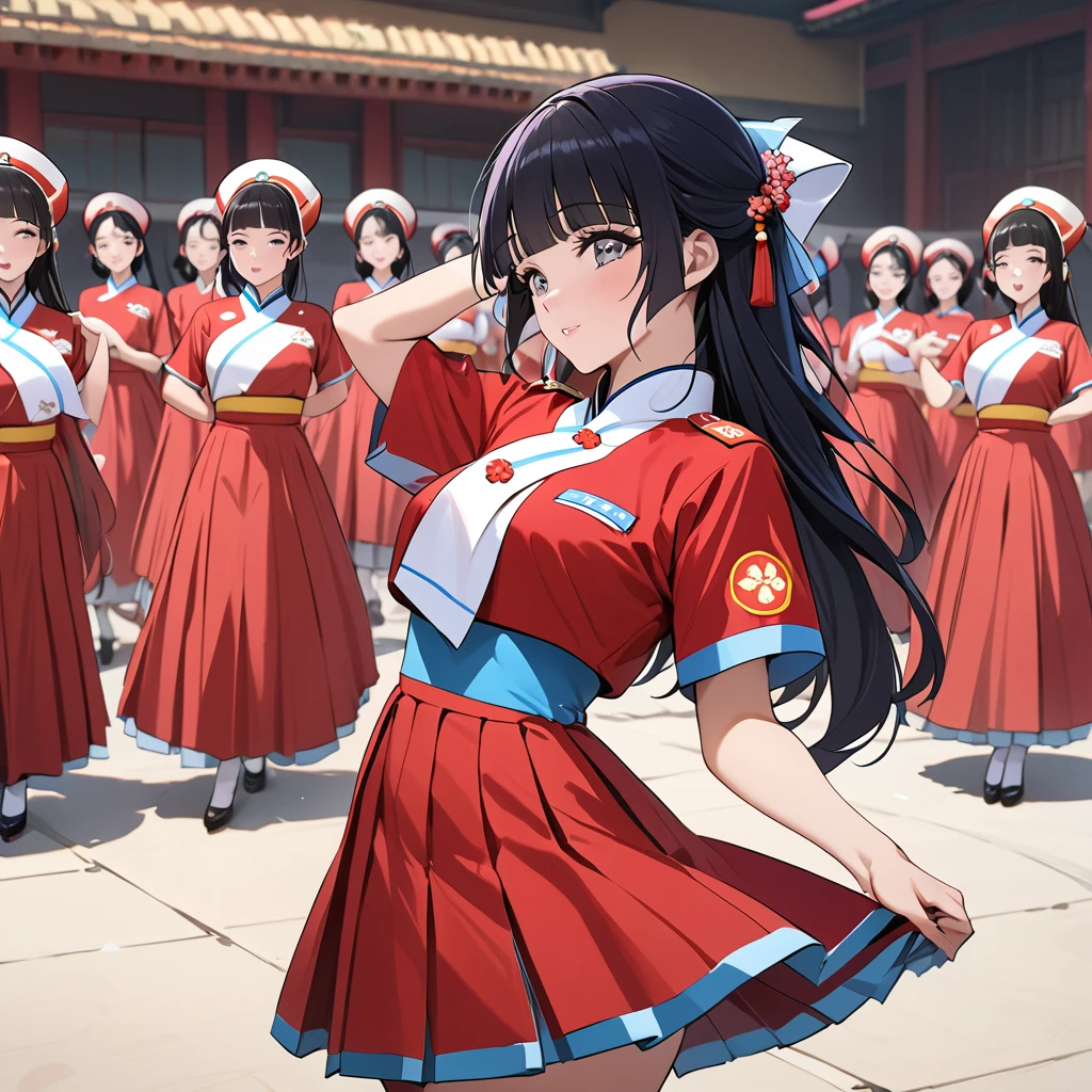 ((Highest quality)), ((masterpiece)), (detailed), （Perfect Face）、The woman is Reika Aoki with semi-long hair、The woman is a member of the North Korean Pleasure Squad and is dressed in North Korean national costume and performing a dance for the general.