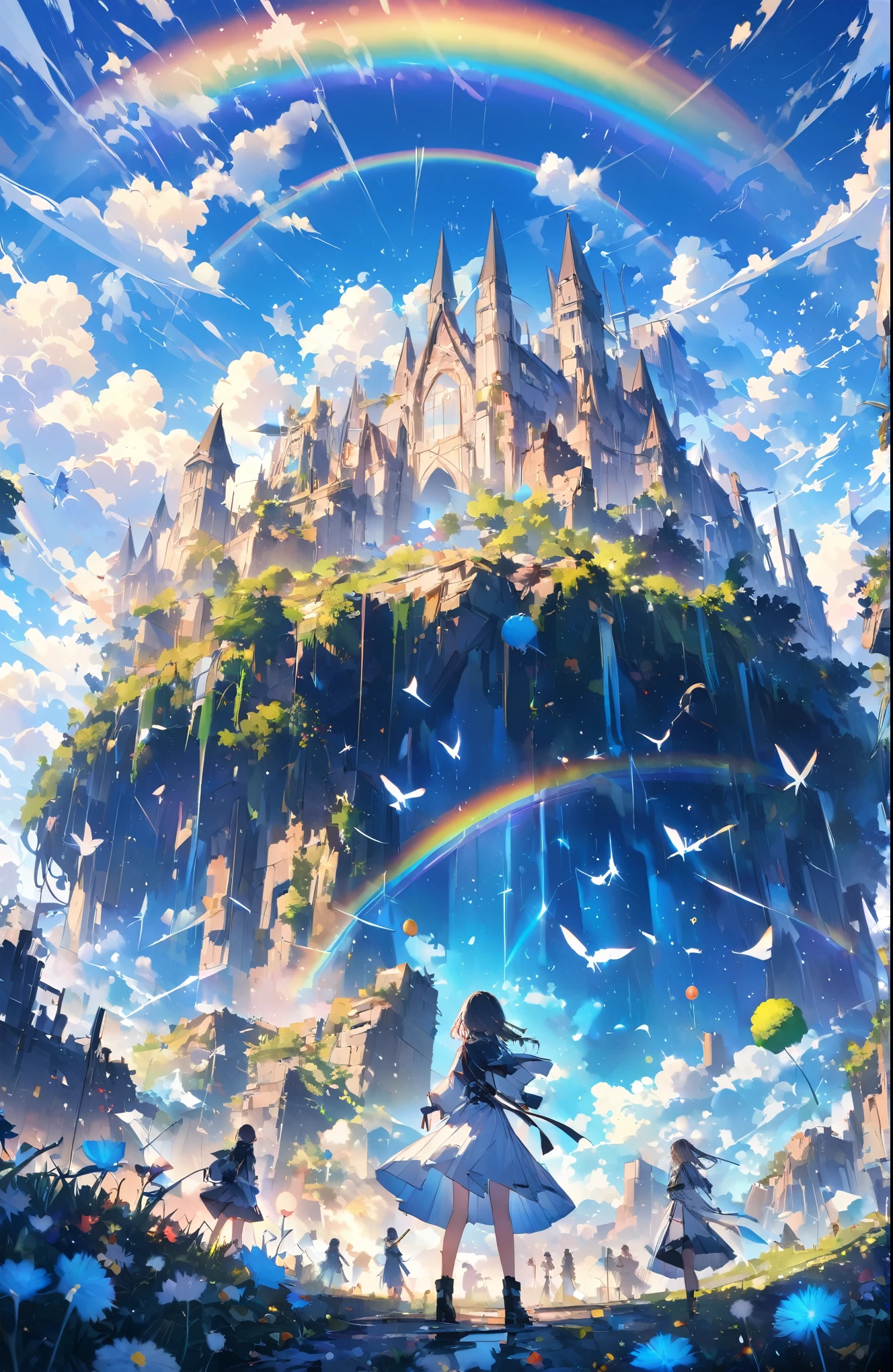 ((Amazingly absurd)),超High resolution, Attention to detail, high quality, High resolution, 最high quality, 4K, 8k、Endless blue sky、A rainbow appears、There is a group of ruins、Dandelion fluff flies up,rainbow