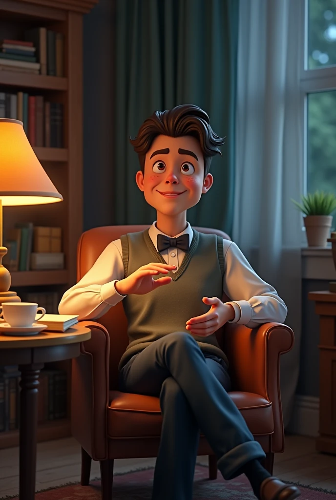 I want a picture of a cartoonish young man, realistic and human, who looks like a professor sitting on a chair giving advice in a quiet, low-lit room.